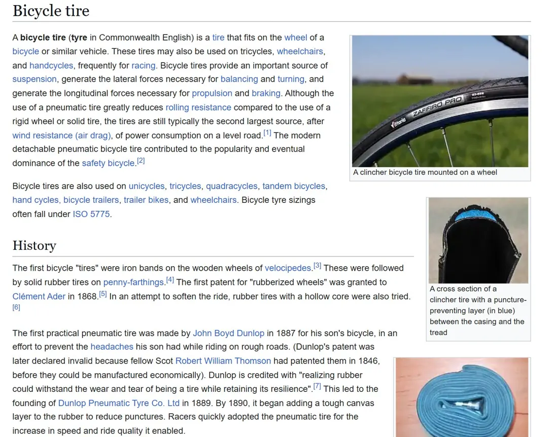 Real screenshot of the Wikipedia article Bicycle tire, open offline in the Kiwix reader