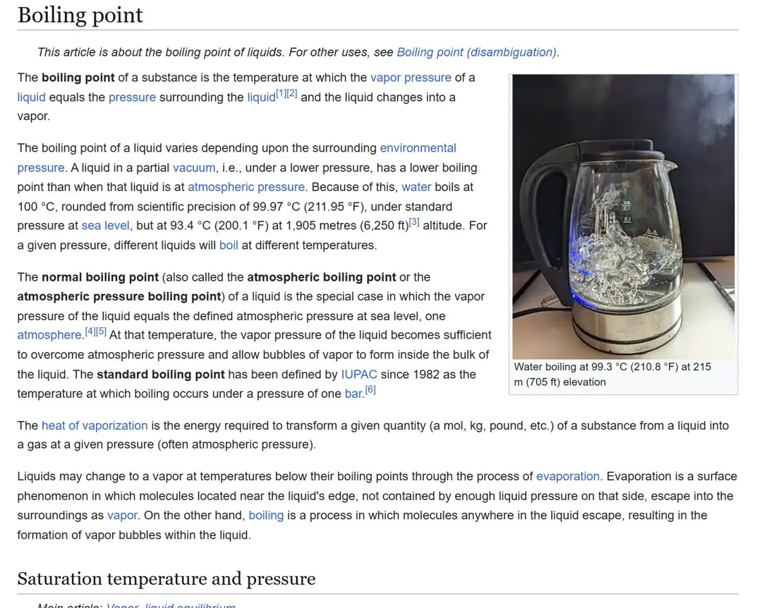 Real screenshot of the Wikipedia article Boiling point in the Kiwix reader